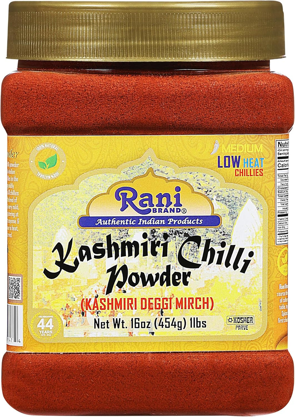Rani Kashmiri Chilli Powder (Deggi Mirch, Low Heat) Ground Indian Spice 16oz (1lb) 454g PET Jar ~ All Natural | Salt-Free | Vegan | Kosher | Gluten Friendly