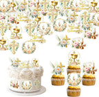 48 PCS Edible First Holy Communion Cupcake Toppers Wafer Paper Dove Cross God Bless and Baptism Cupcake Picks First Communion Theme Baby Shower Birthday Party Cake Decorations