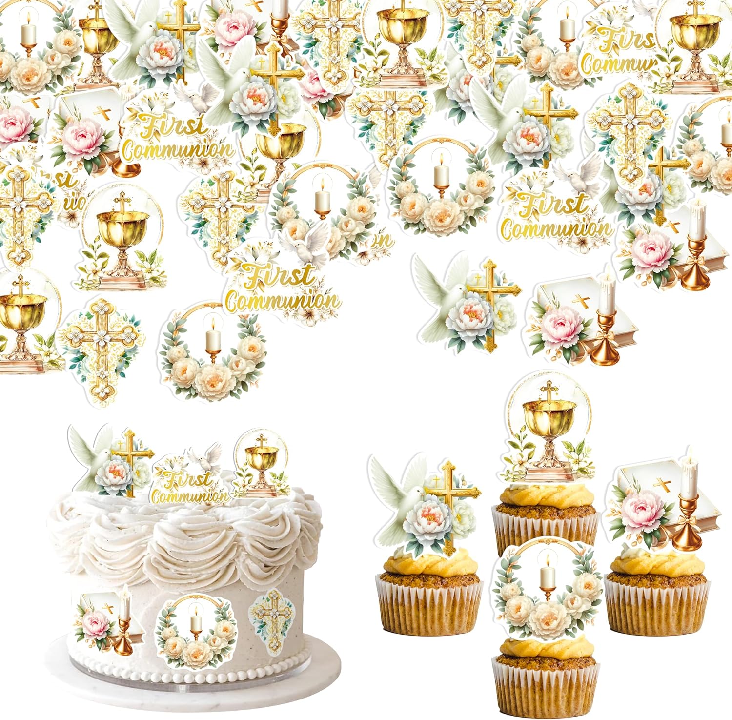 48 PCS Edible First Holy Communion Cupcake Toppers Wafer Paper Dove Cross God Bless and Baptism Cupcake Picks First Communion Theme Baby Shower Birthday Party Cake Decorations