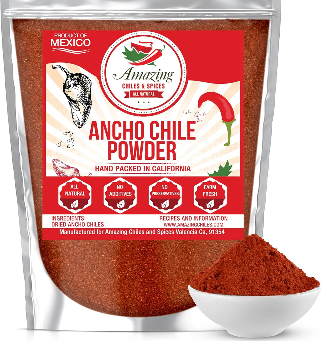 Ancho Chile Pepper Powder Ground (8oz) – Natural and Premium. Great For Recipes Like Mexican Mole, Sauces, Stews, Salsa, Meats, Enchiladas. Mild to Medium Heat, Sweet & Smoky Flavor.