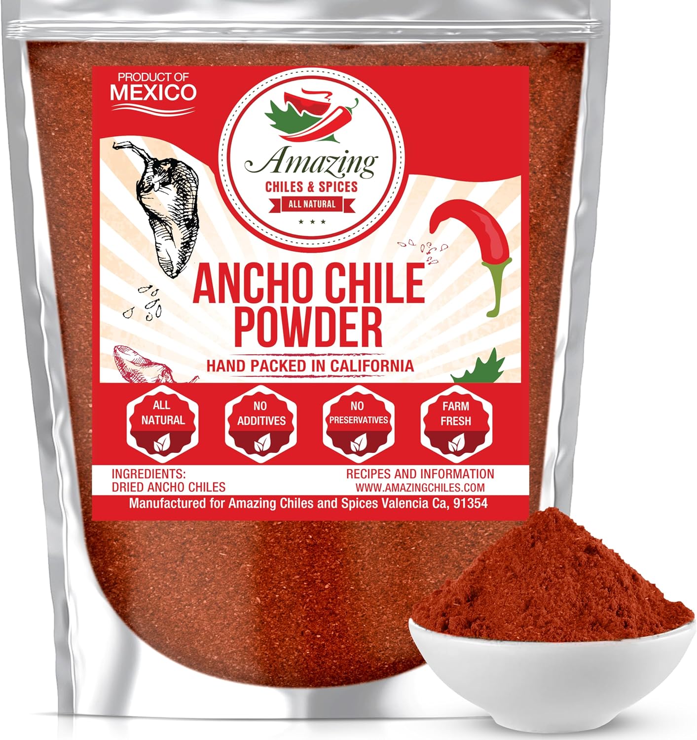 Ancho Chile Pepper Powder Ground (8oz) – Natural and Premium. Great For Recipes Like Mexican Mole, Sauces, Stews, Salsa, Meats, Enchiladas. Mild to Medium Heat, Sweet & Smoky Flavor.