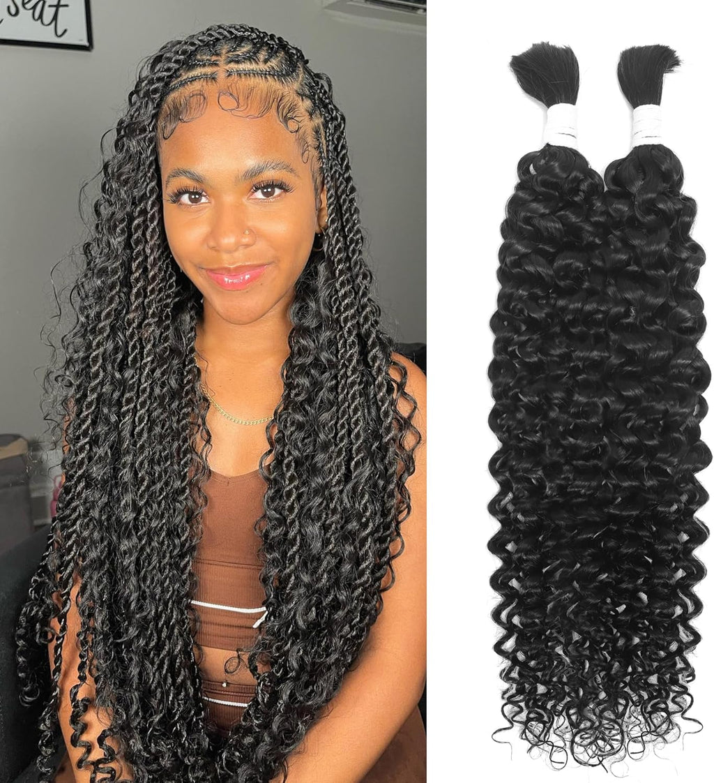 Human Braiding Hair for Boho Braids 100g 20 Inch Water Wave Bulk Human Hair for Braiding Knotless 100% Unprocessed 12A Brazilian Virgin Hair Extensions 2 Bundles/Pack Natural Color