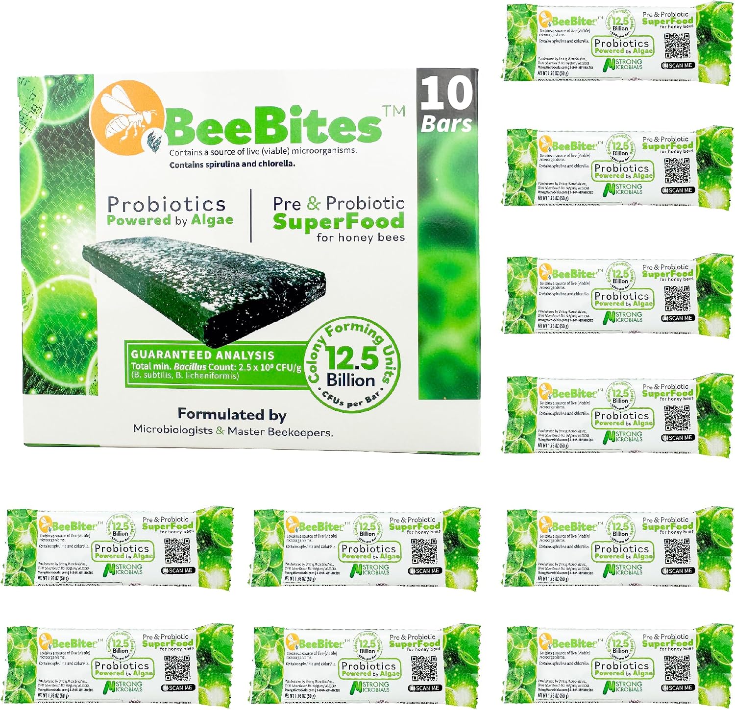 BeeBites: SuperFood for Healthy Hives - Honey Bee Fondant with Spirulina and Chlorella - Probiotics Powered by Algae - Best Food for Queen Immunity - 10 Bars (50g Each)
