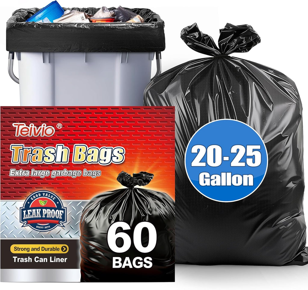 Teivio Black Trash Bags 20-25 Gallon 60 Count | Large Multipurpose | Fit 18,20,21,23,25 gallon Garbage Bin Liner | Kitchen | Lawn And Leaf Bags Outdoor Yard Waste Bag | Workshops Trash
