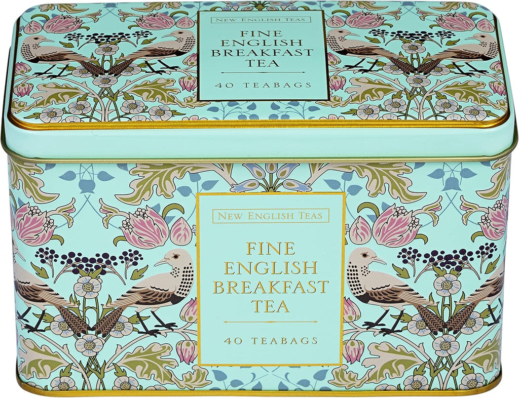 New English Teas Song Thrush and Berries Tea Tin in Green with 40 English Breakfast Teabags