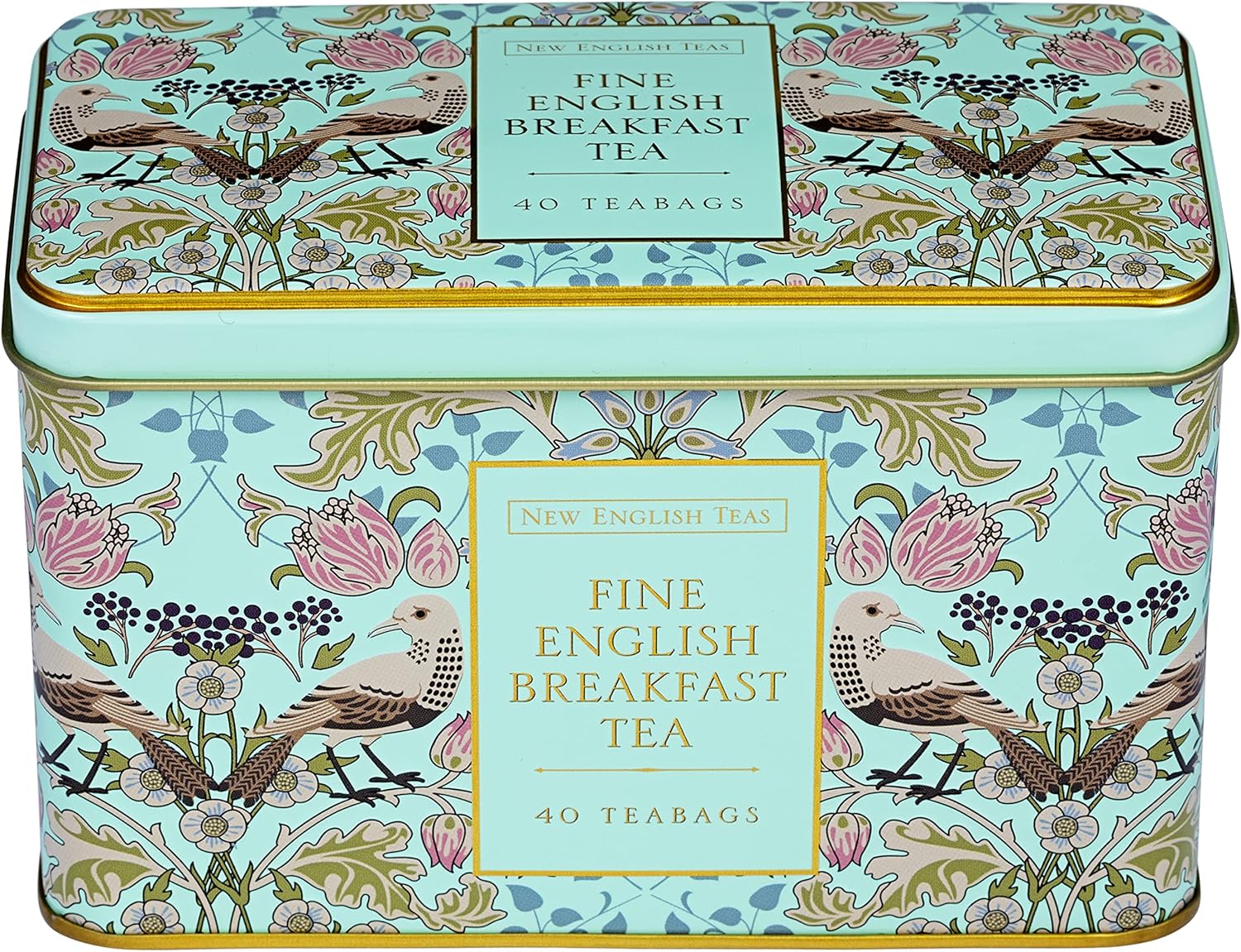 New English Teas Song Thrush and Berries Tea Tin in Green with 40 English Breakfast Teabags