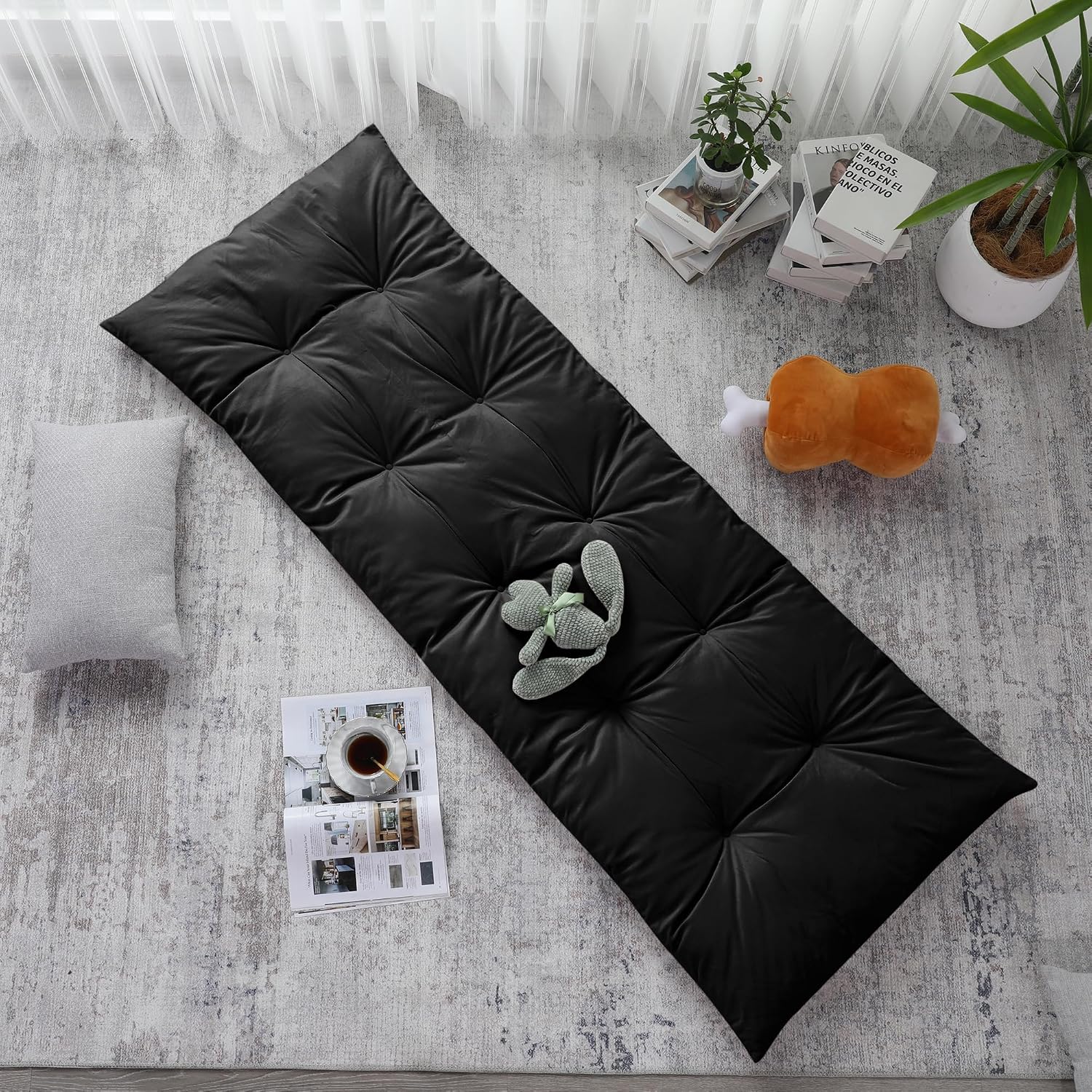 HOMBYS Floor Lounger Pillow Foldable and Tufted Design Long Floor Cushion for Yoga, Reading, Sleeping, Meditation, Elastic Band for Roll Up and Easy Storage, Machine Washable, Black, 74"x27"