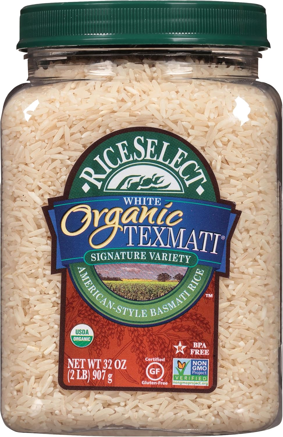 RiceSelect Organic Texmati White Basmati Rice, Premium Non-GMO Gluten-Free Long-Grain White Rice, 32-Ounce Jar