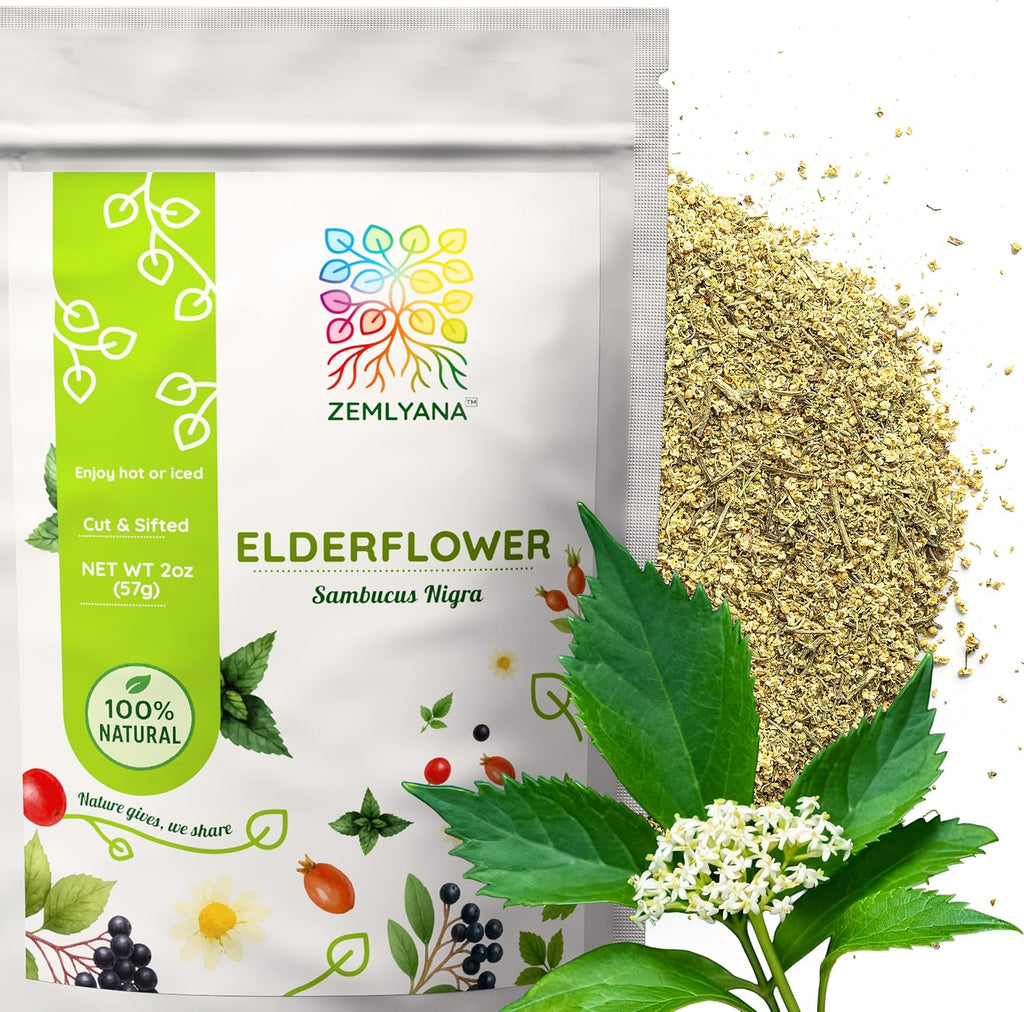 Dried Elderflower Tea - Natural Elder Flowers Herbs Loose Leaf - Wildcrafted Elder Flower Herb Cut & Sifted Bulk, 2 oz