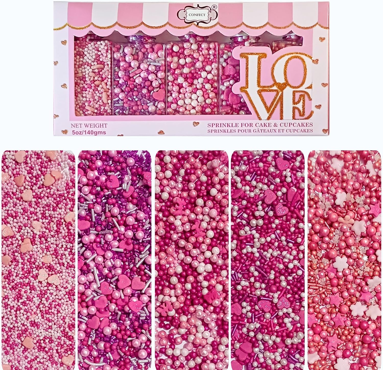 Confect Pretty in Pink & White Pearl Sprinkles Mix – Edible Heart & Star Sprinkles for Cakes, Cupcakes, Cookies – Birthday & Baking Decorations | Vegan, Gluten-Free, Nut-Free, Soy-Free, Dairy-Free, Palm Oil-Free- 5 Oz