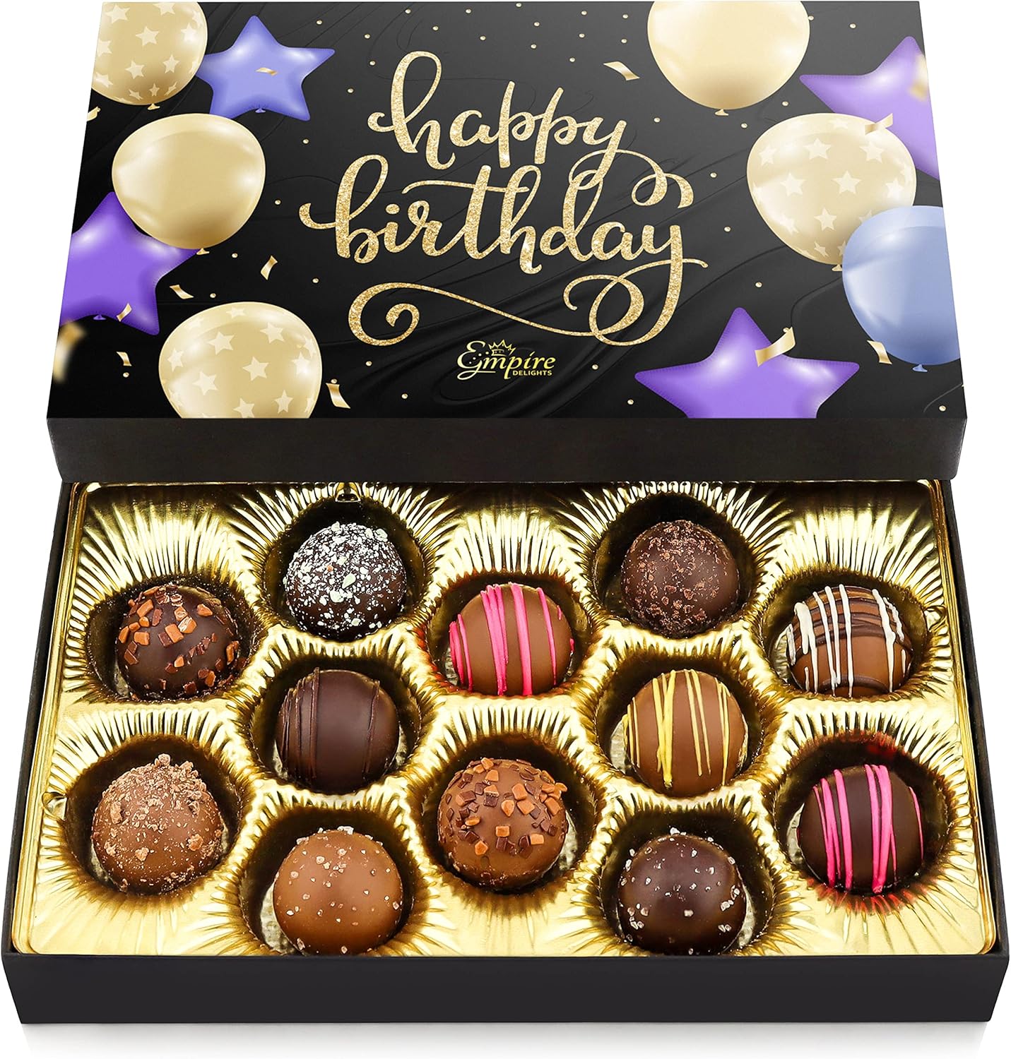 Happy Birthday Chocolates - 12 Assorted Milk & Dark Chocolate Truffles - Gourmet Box - Birthday Gifts for Women & Men, 6 oz