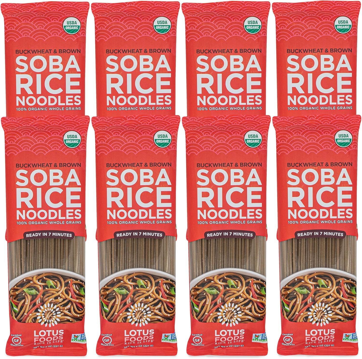 Lotus Foods Organic Soba Rice Noodles - Organic Rice Noodles, Asian Noodles, Rice Noodles Gluten Free, Brown Rice & Buckwheat Flour, Perfect for Stir Fry, GF, Vegan, Non GMO - 8 Oz (Pack of 8)