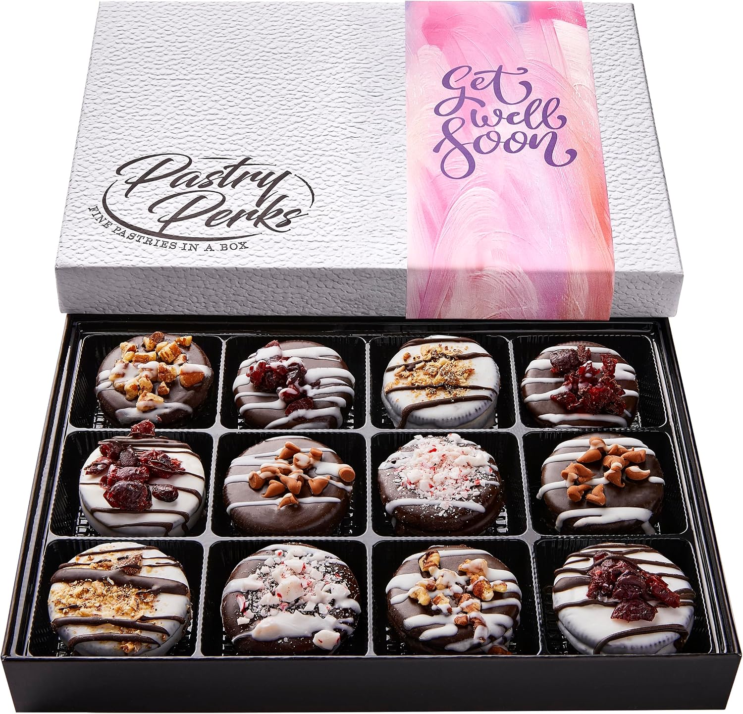 Pastry Perks Get Well Soon Gift Basket, 12 Gourmet Chocolate-Covered Cookies – Delicious Recovery Treats for Men, Women, and Grandma – Holiday Food Delivery Gift Ideas