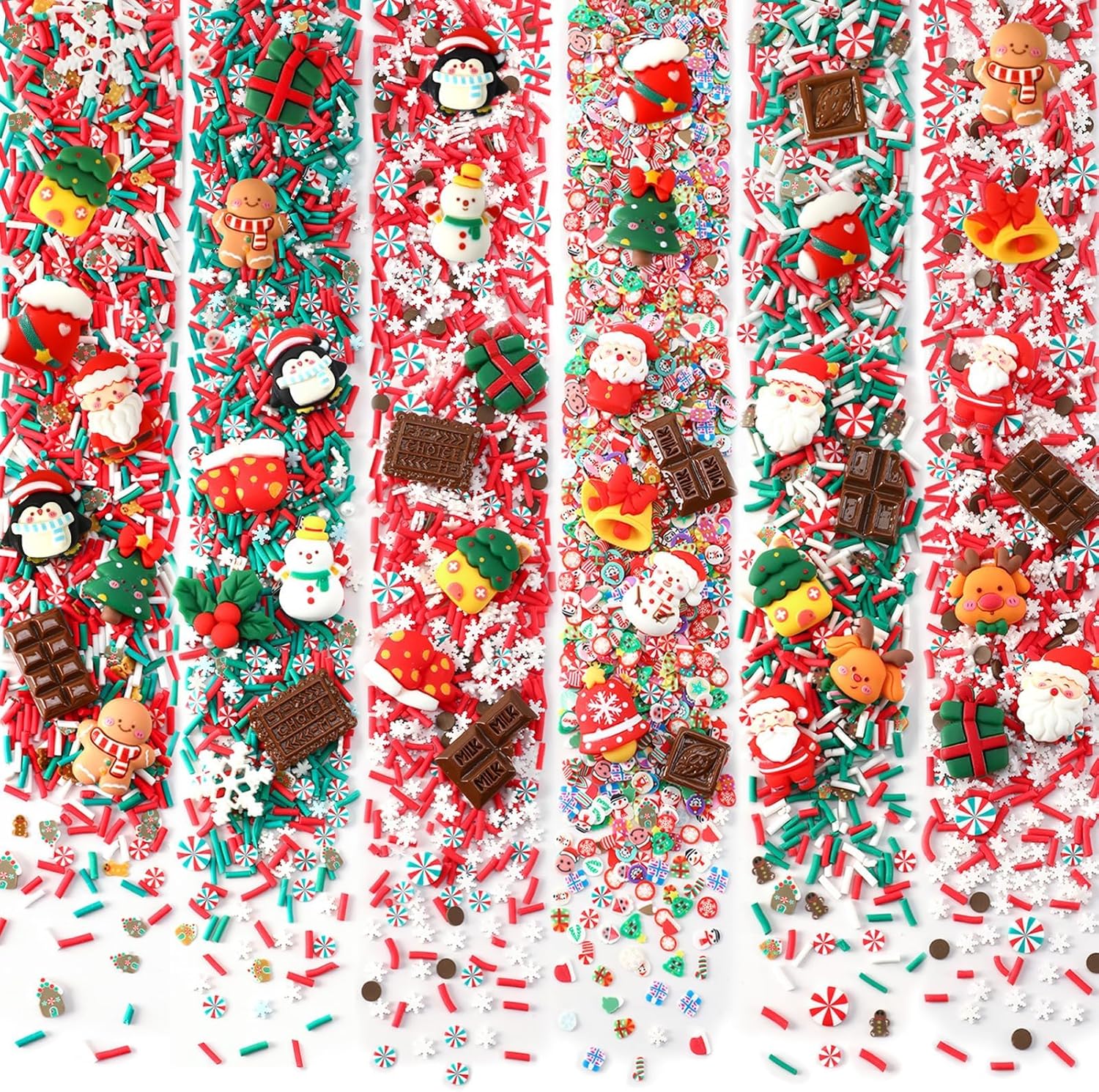 Jansun Christmas Fake Candy Sprinkle, 3.2 Ounces Polymer Clay Slices and 50 Pcs Christmas Figures Include Fake Chocolate Mini Resin Gingerbread Man Snowman for Xmas DIY Crafts