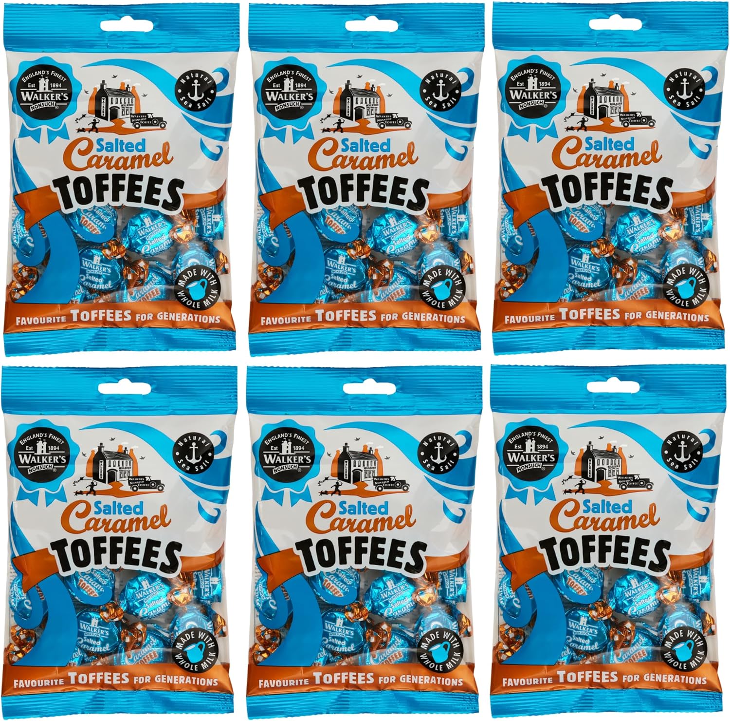 Walkers Nonsuch Salted Caramel Toffees Bag 5.29 Oz (Pack of 6) - British Chewy Butter Toffee Candy, Individually Wrapped with Anglesey Sea Salt, Imported from UK, Traditional English Sweets