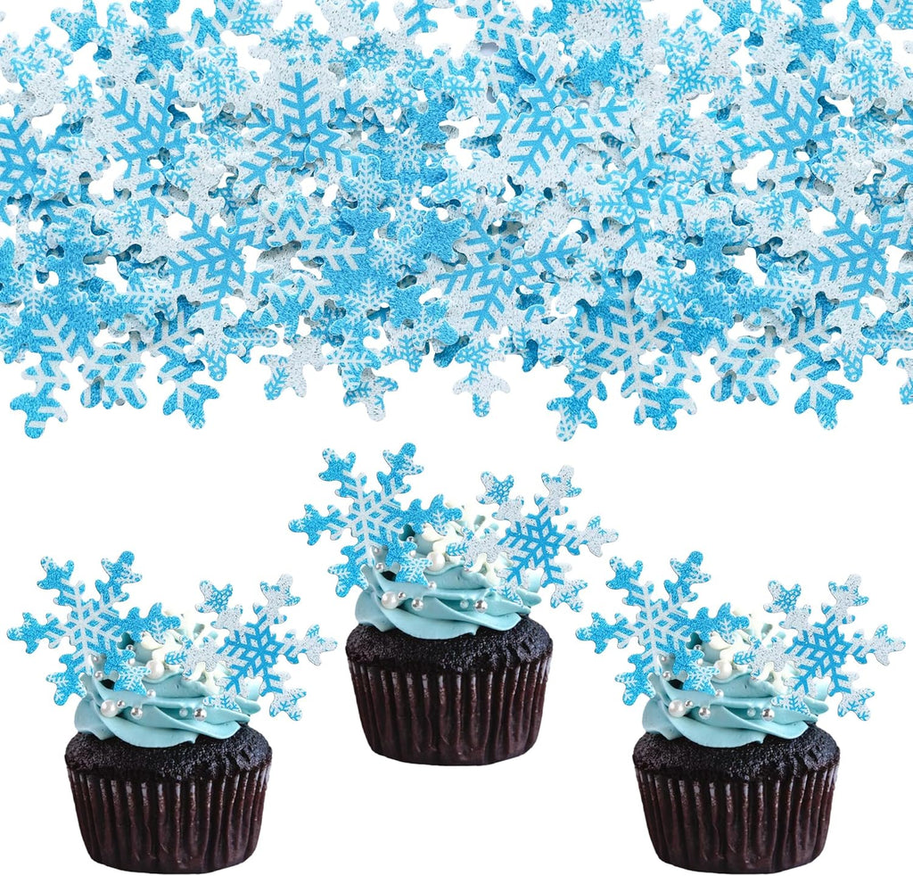 Gyufise 50Pcs Pink Edible Cupcake Cake Toppers Snowflake Cake Decorations for Christmas Winter Frozen Theme Party Supply Decoration Multi