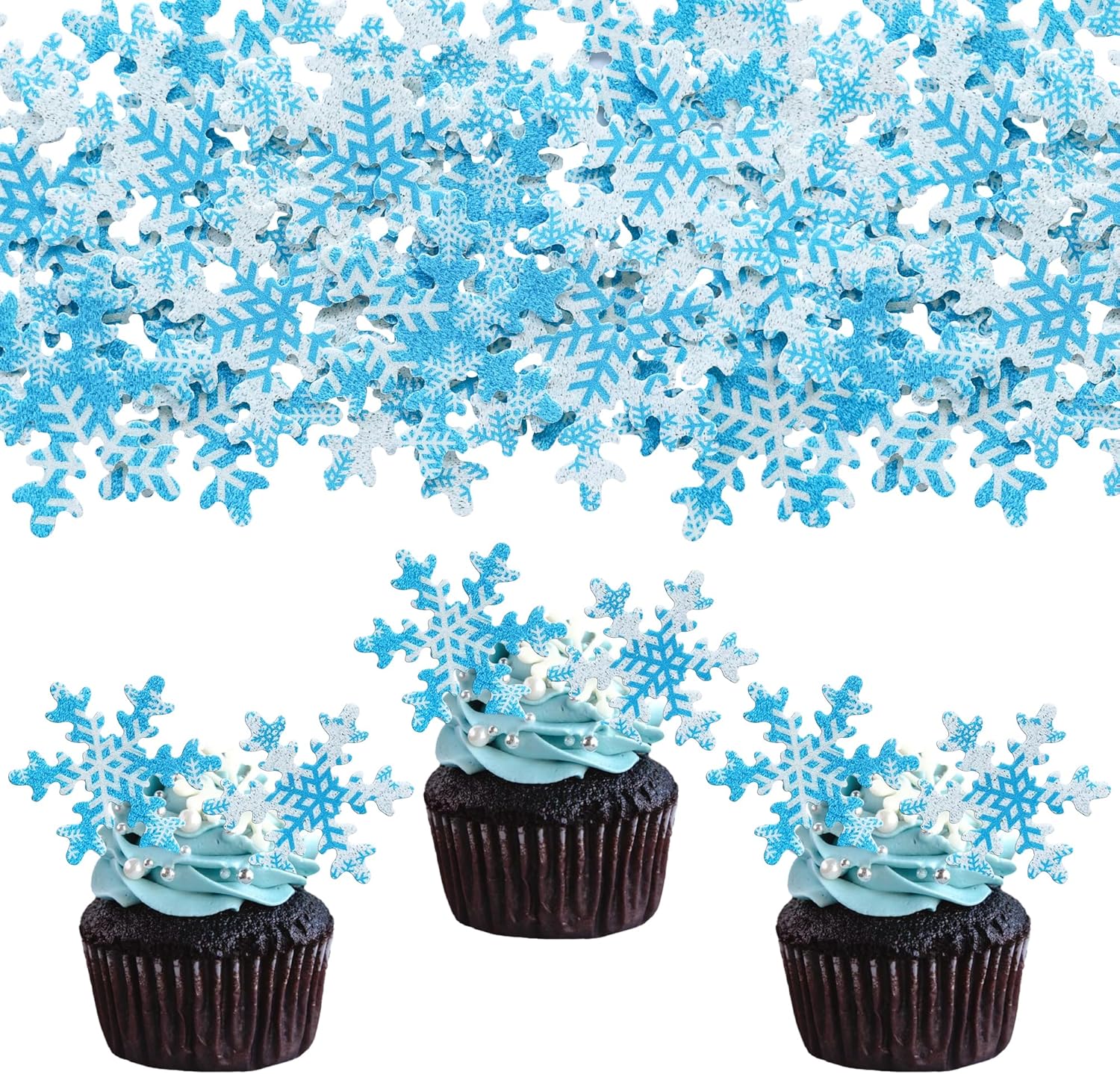Gyufise 50Pcs Pink Edible Cupcake Cake Toppers Snowflake Cake Decorations for Christmas Winter Frozen Theme Party Supply Decoration Multi