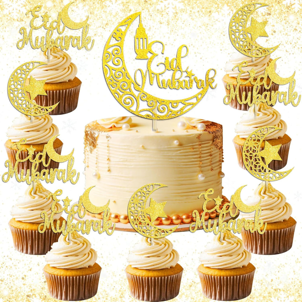 LaVenty Ramadan Cake Topper Gold Eid Cake Decorations Supplies Moon Stars Cake Cupcake Food Decor for Mubarak Decorations