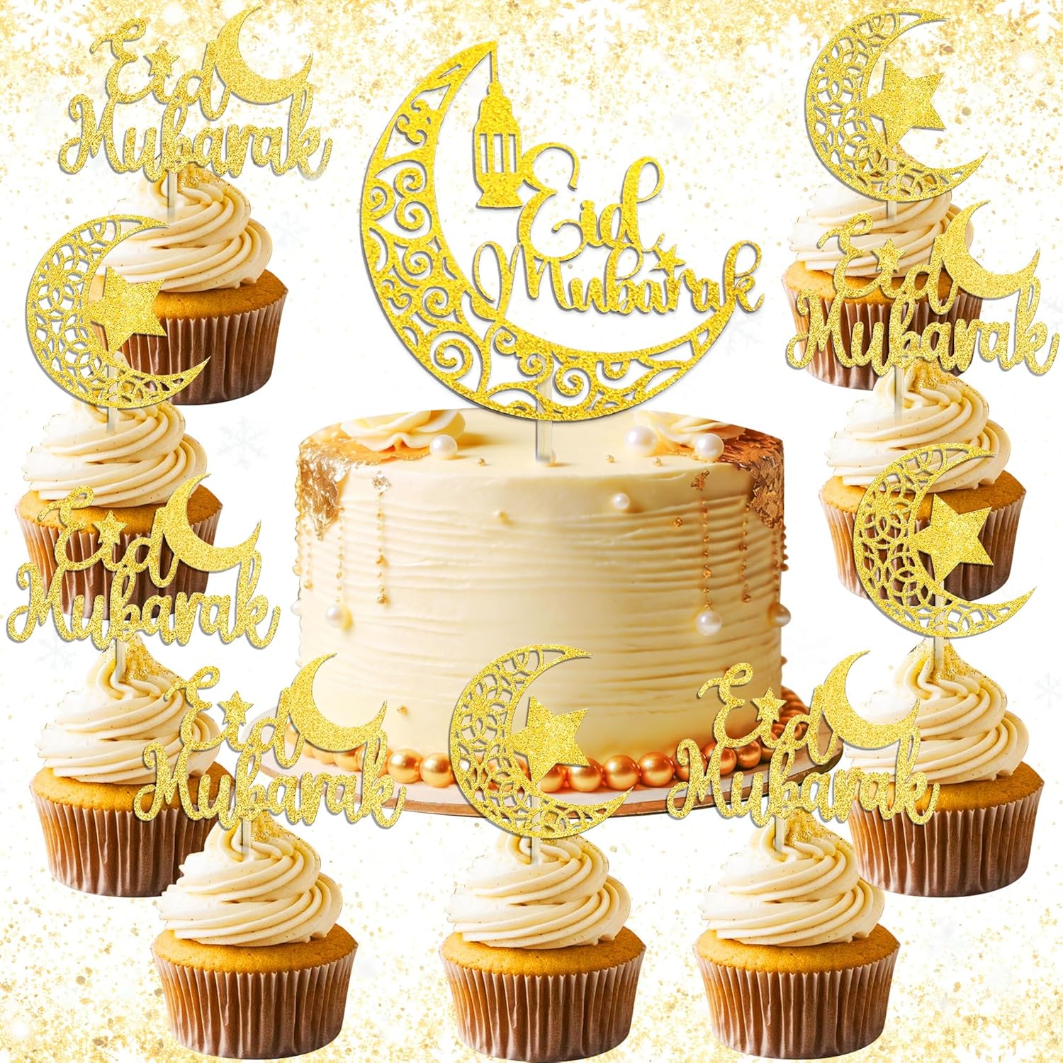 LaVenty Ramadan Cake Topper Gold Eid Cake Decorations Supplies Moon Stars Cake Cupcake Food Decor for Mubarak Decorations