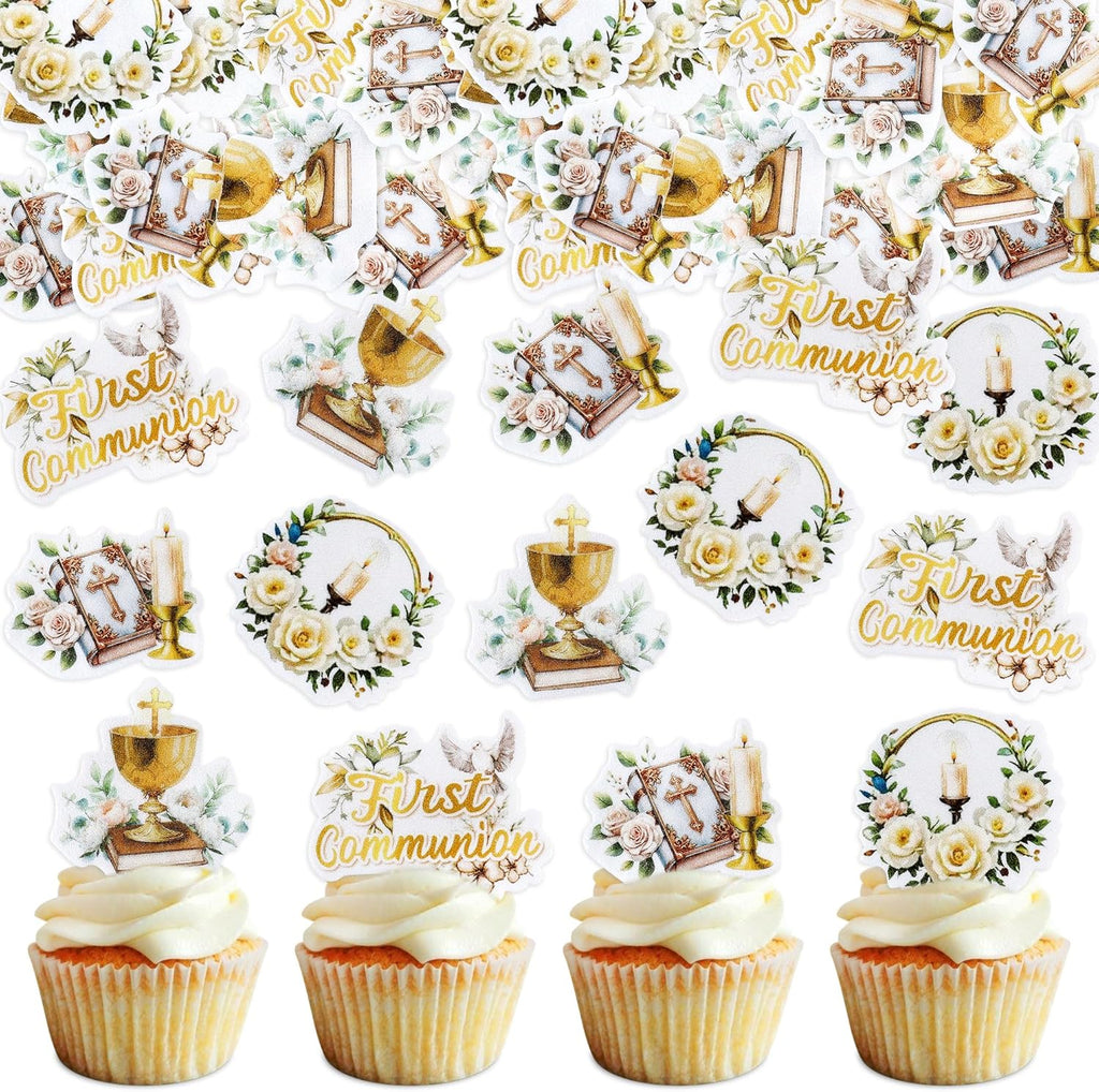 Ercadio 40 PCS Edible First Holy Communion Cupcake Toppers Dove Cross God Bless and Baptism Cupcake Picks First Communion Theme Baby Shower Birthday Party Cake Decorations