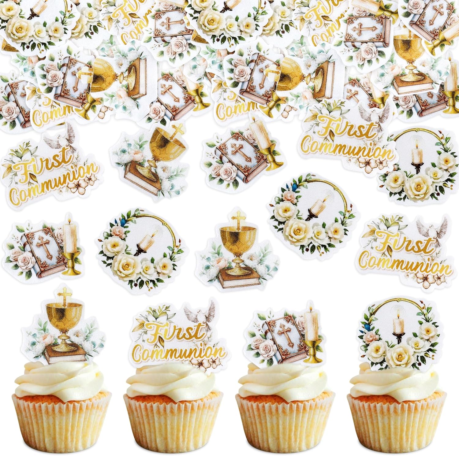 Ercadio 40 PCS Edible First Holy Communion Cupcake Toppers Dove Cross God Bless and Baptism Cupcake Picks First Communion Theme Baby Shower Birthday Party Cake Decorations