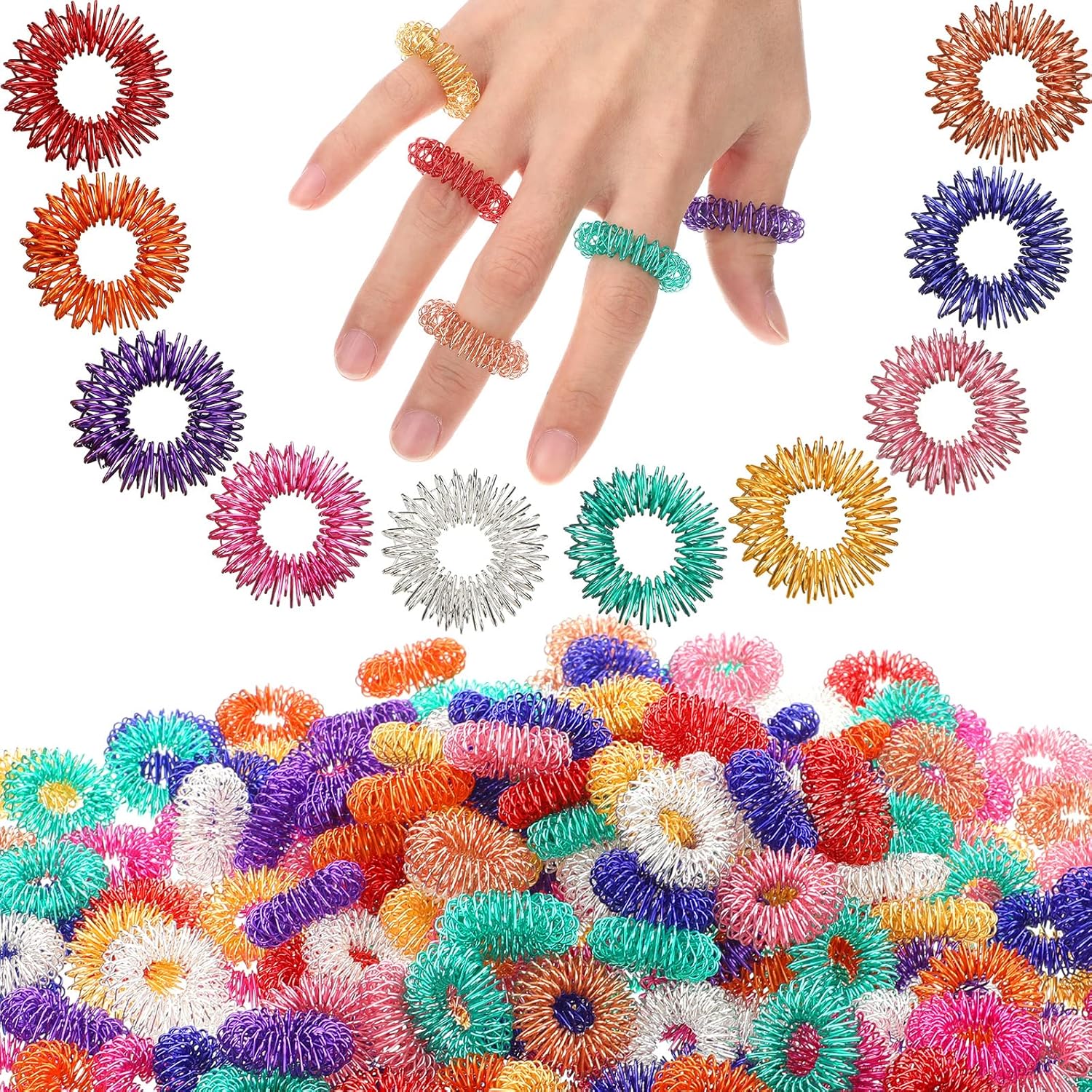 Nuogo 300 Pcs Acupressure Rings Spiky Sensory Finger Rings for Fingers Stress Relief Fidget Sensory Toys for Teens Adults Stress Reliever Massage