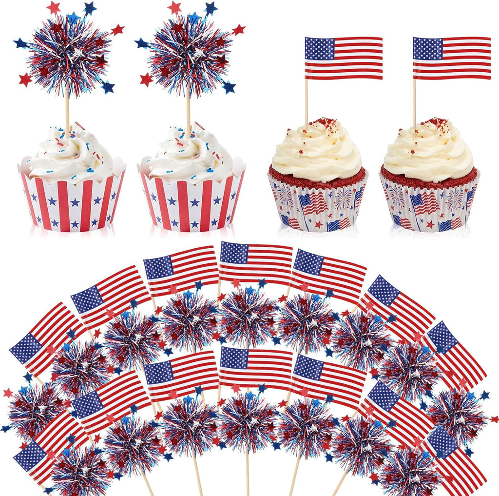 Zhehao 300 Pcs American Flag Patriotic Cupcake Toppers 4th of July Foil Firework Cake Decoration Toothpicks Red Blue White Mini Flags on Stick 250 Anniversary Party Cocktail Food Bar Independence Day