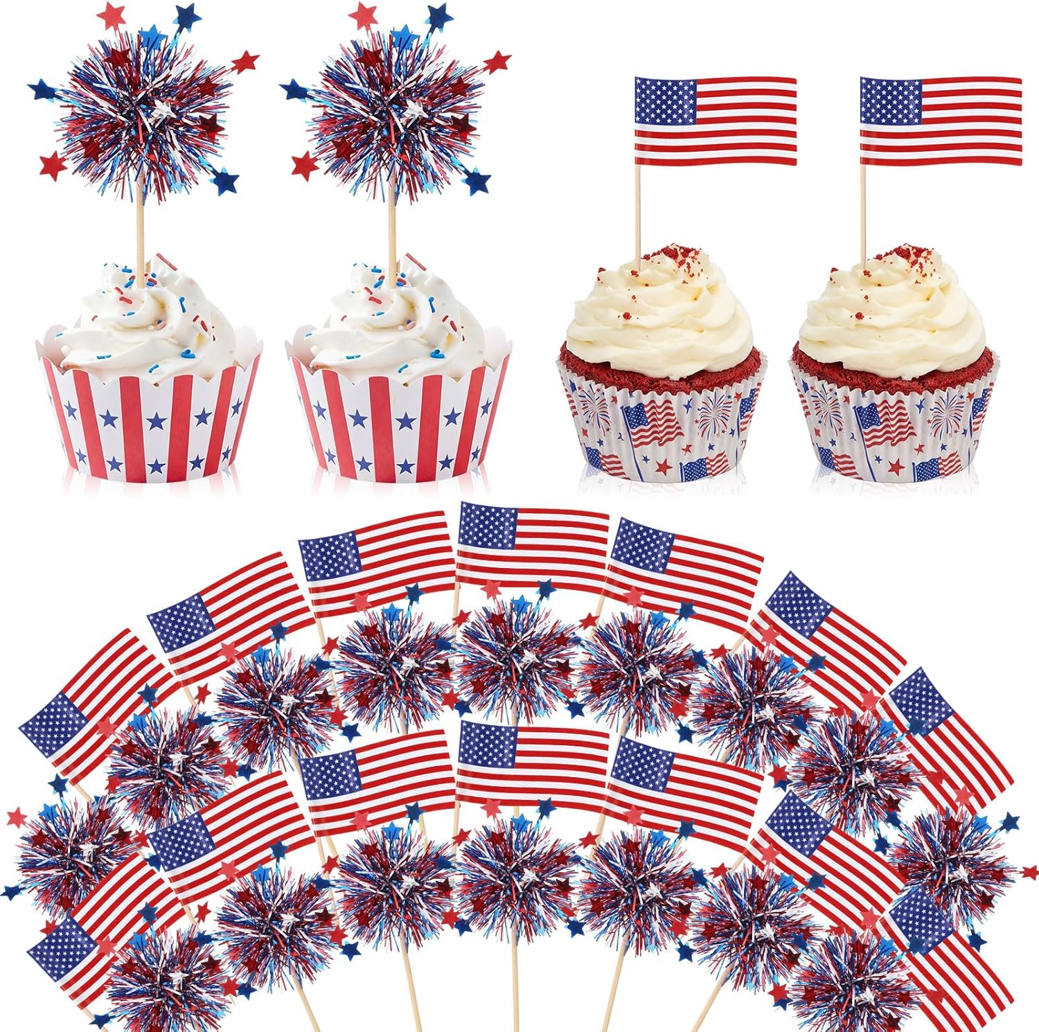 Zhehao 300 Pcs American Flag Patriotic Cupcake Toppers 4th of July Foil Firework Cake Decoration Toothpicks Red Blue White Mini Flags on Stick 250 Anniversary Party Cocktail Food Bar Independence Day