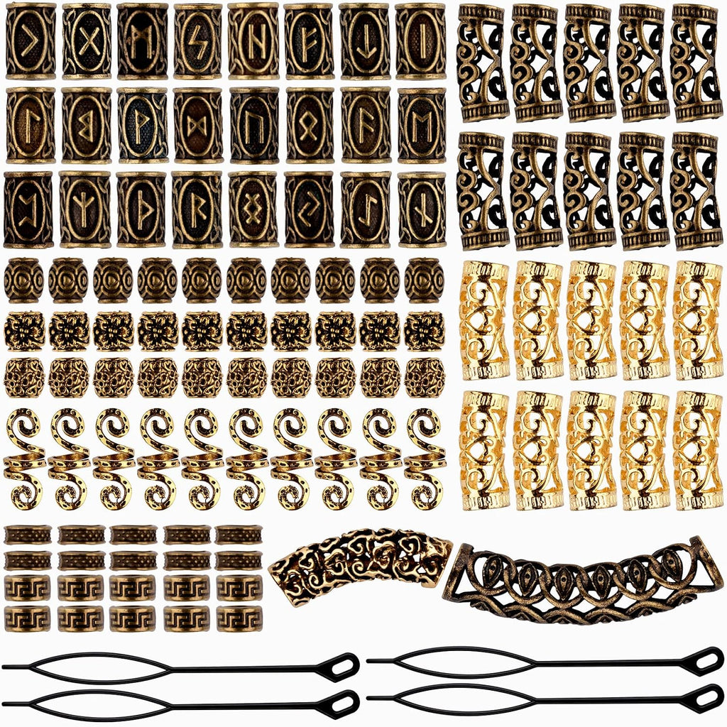 EBANKU 110 PCS Viking Beard Bead, Metal Dreadlocks Beads for Hair Braids Antique Norse Hair Beads with Pull Hair Pin for Hair Braid Bracelet Pendant Necklace DIY Jewelry Hair Decoration (Ancient gold)
