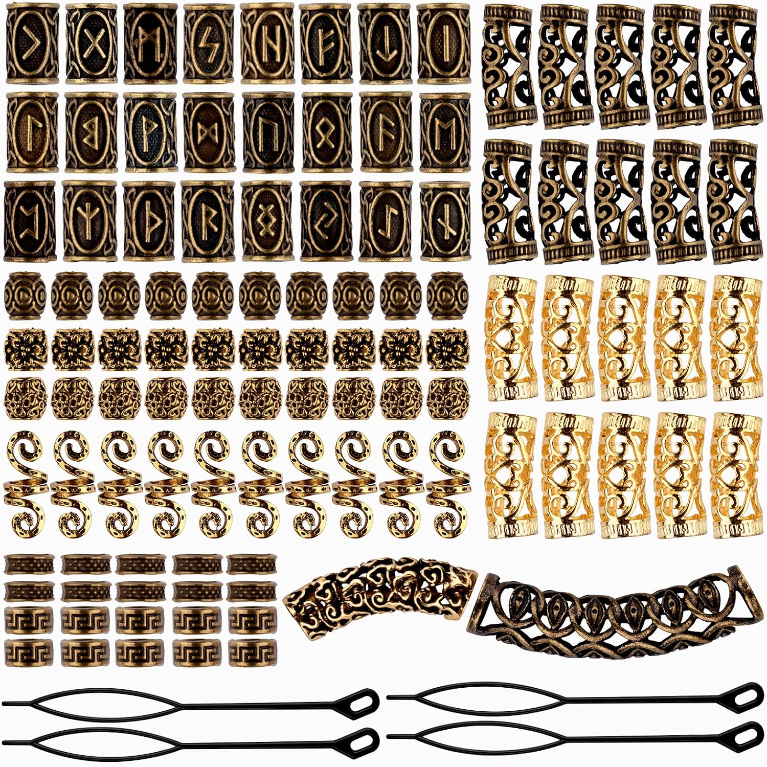 EBANKU 110 PCS Viking Beard Bead, Metal Dreadlocks Beads for Hair Braids Antique Norse Hair Beads with Pull Hair Pin for Hair Braid Bracelet Pendant Necklace DIY Jewelry Hair Decoration (Ancient gold)