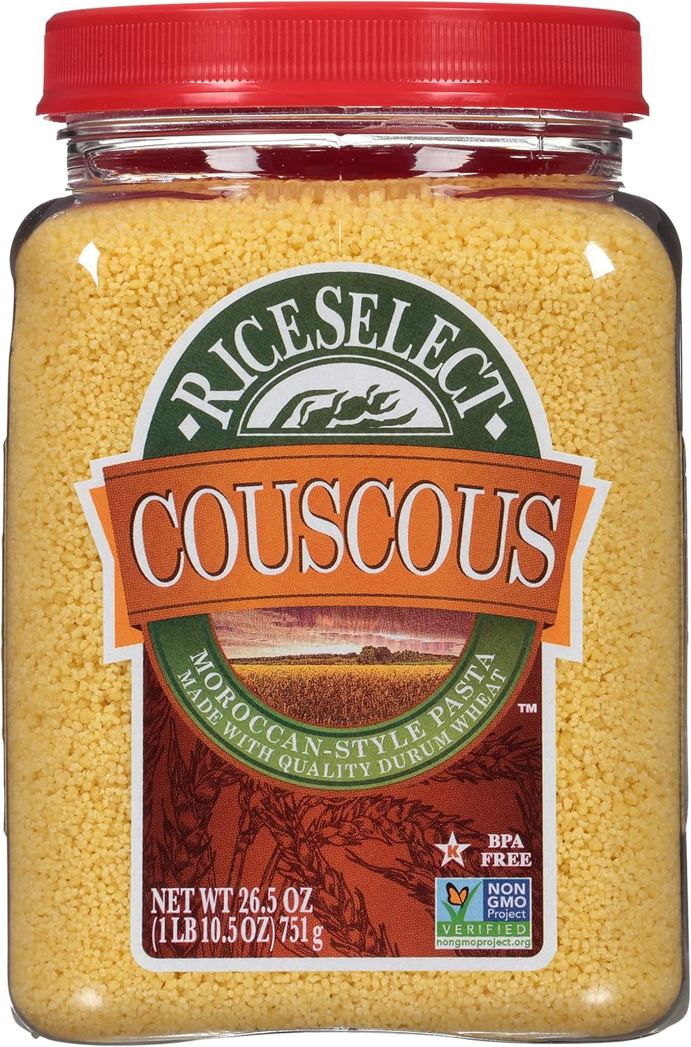 RiceSelect Couscous, Moroccan-Style Wheat Couscous Pasta, Non-GMO, 26.5-Ounce Jar, (Pack of 1)