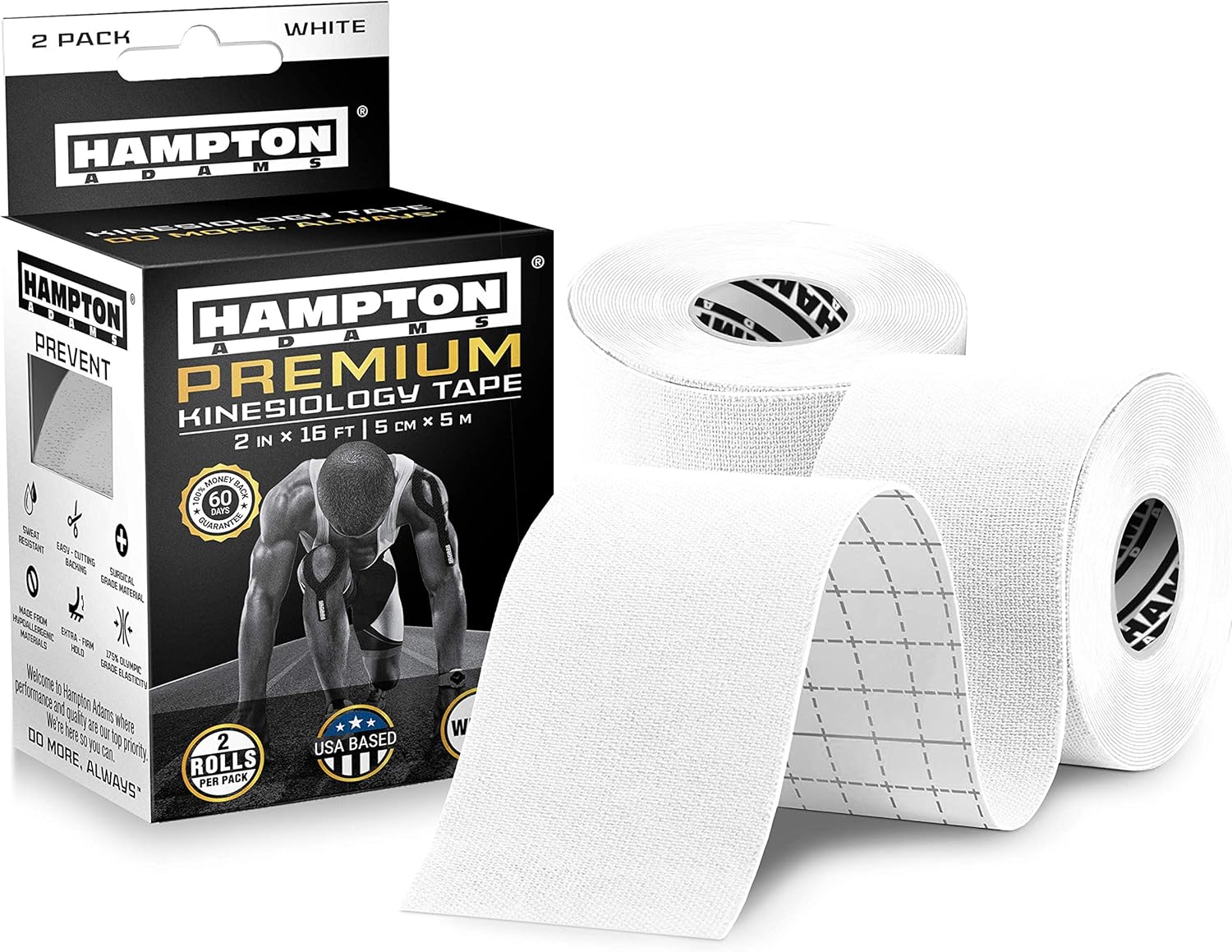 Hampton Adams | As Seen on Shark Tank | Elastic Kinesiology Tape (2-Pack) | Uncut Athletic Tape Supports & Protects Muscles Knees Shoulders & Plantar Fasciitis | Waterproof Hypoallergenic (White)