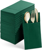 Disposable Linen-Feel Dinner Napkins With Built-in Flatware Pocket, 50-Pack GREEN Prefolded Cloth Like Paper Napkins For Wedding, Dinner Or Party