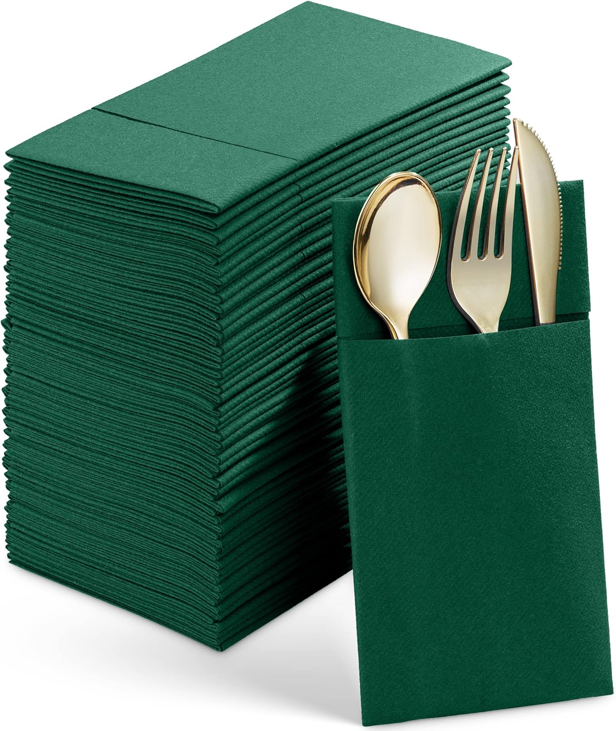 Disposable Linen-Feel Dinner Napkins With Built-in Flatware Pocket, 50-Pack GREEN Prefolded Cloth Like Paper Napkins For Wedding, Dinner Or Party