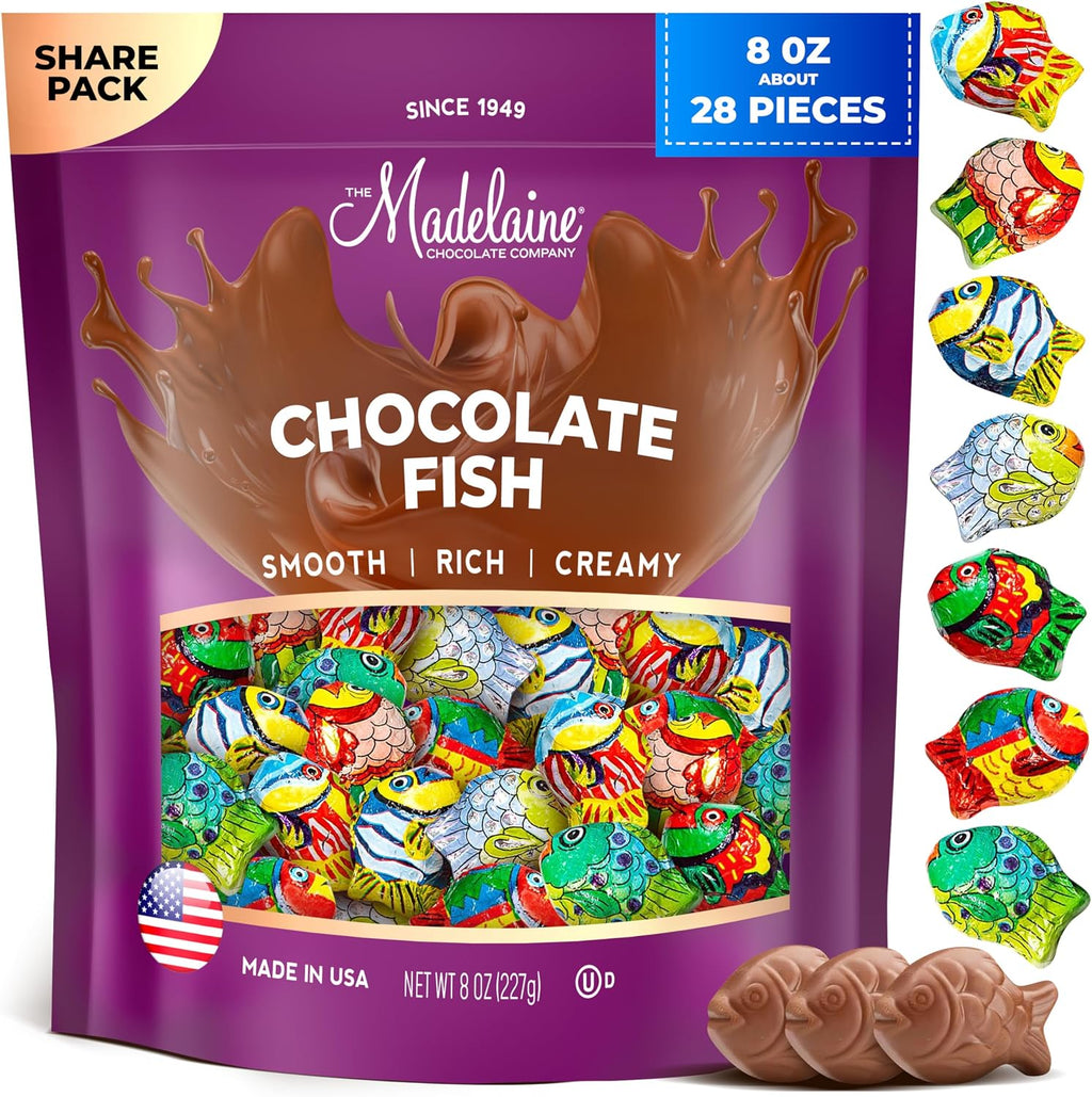 Madelaine Milk Chocolate Mini Fish Candy – Spring Easter Chocolates, Individually Wrapped Tropical Fish, Smooth & Creamy – 8 oz Bag