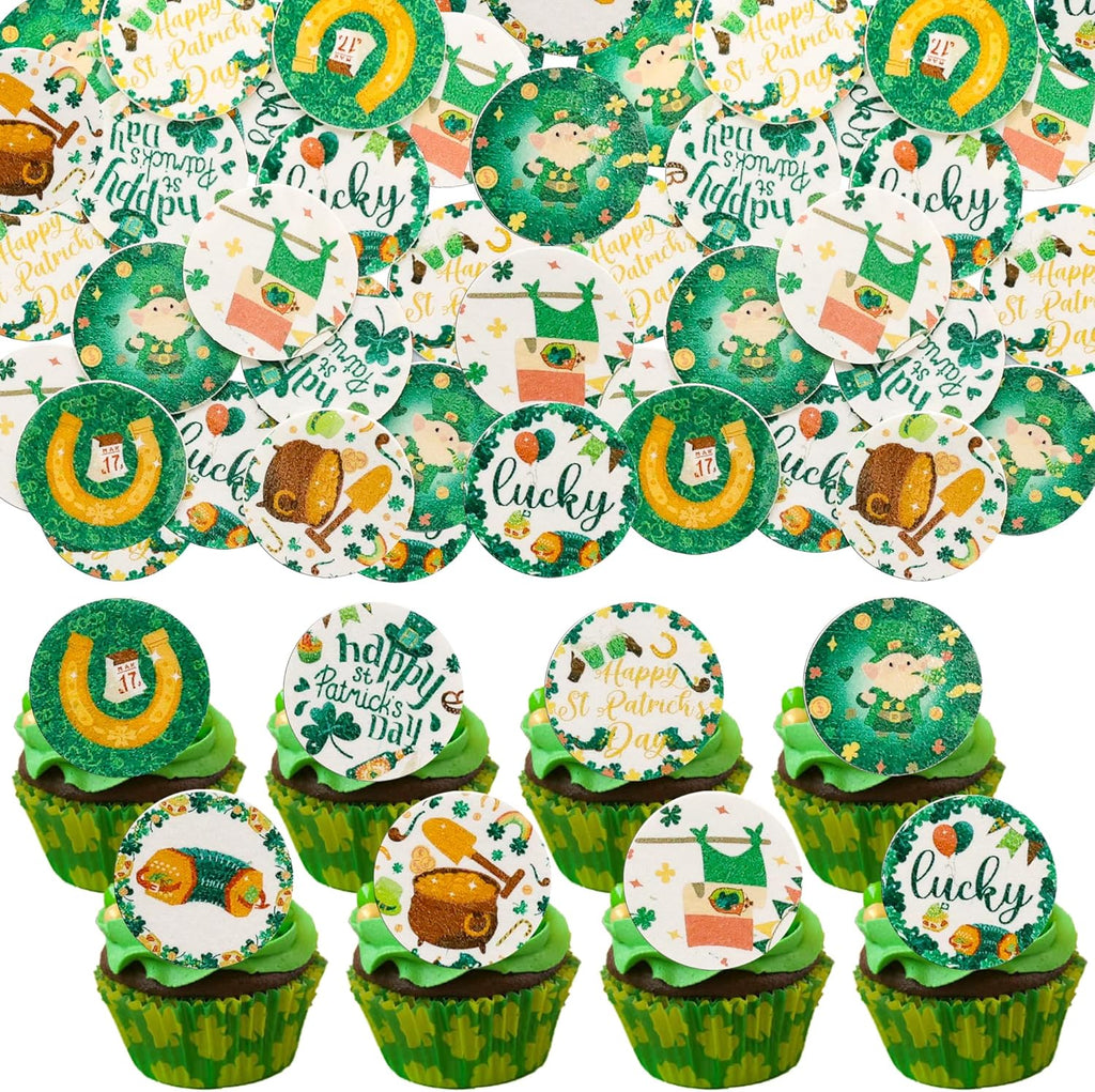 Gyufise 48Pcs Edible Happy St Patrick’s Day Cupcake Toppers Wafer Paper Shamrock Green Hat Lucky Cupcake Picks for Happy St Patrick’s Day Irish Theme Baby Shower Birthday Party Supplies