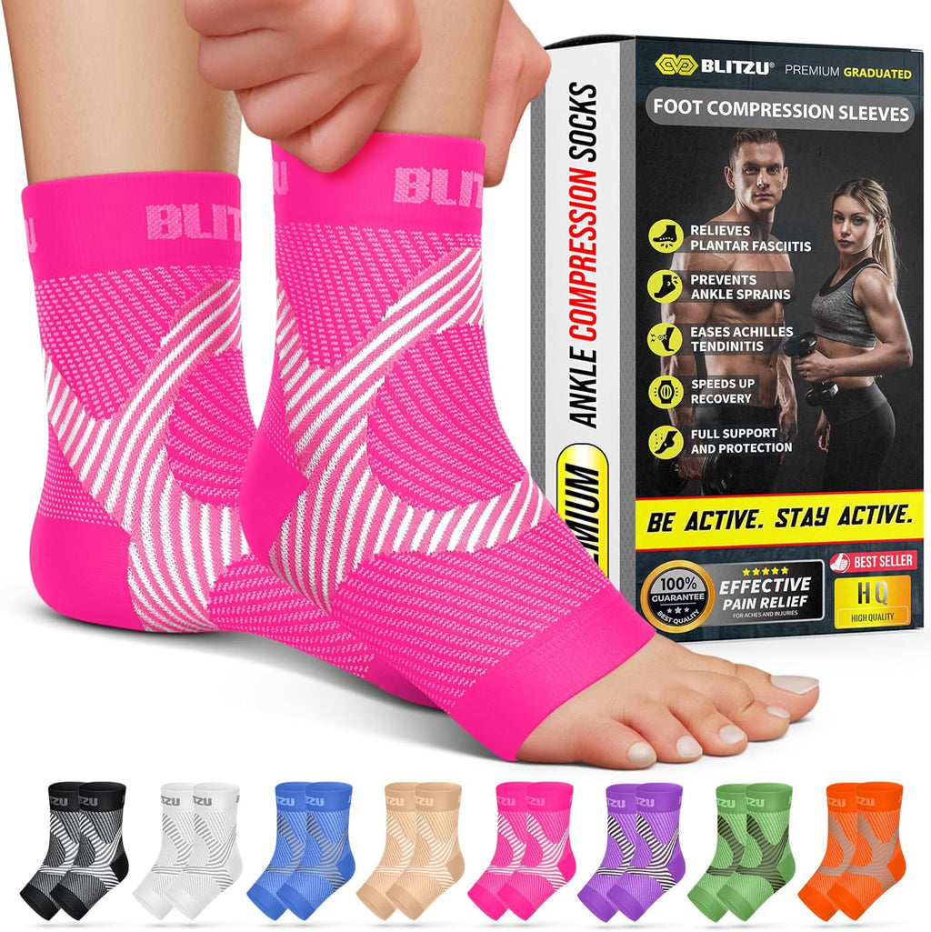 BLITZU Compression Socks for Plantar Fasciitis, Achilles Tendonitis, Arthritis Relief, Ankle Brace Compression Sleeve with Foot Arch Support, Ankle Wrap for Women, Men, Swelling & Heel Pain Pink XXL