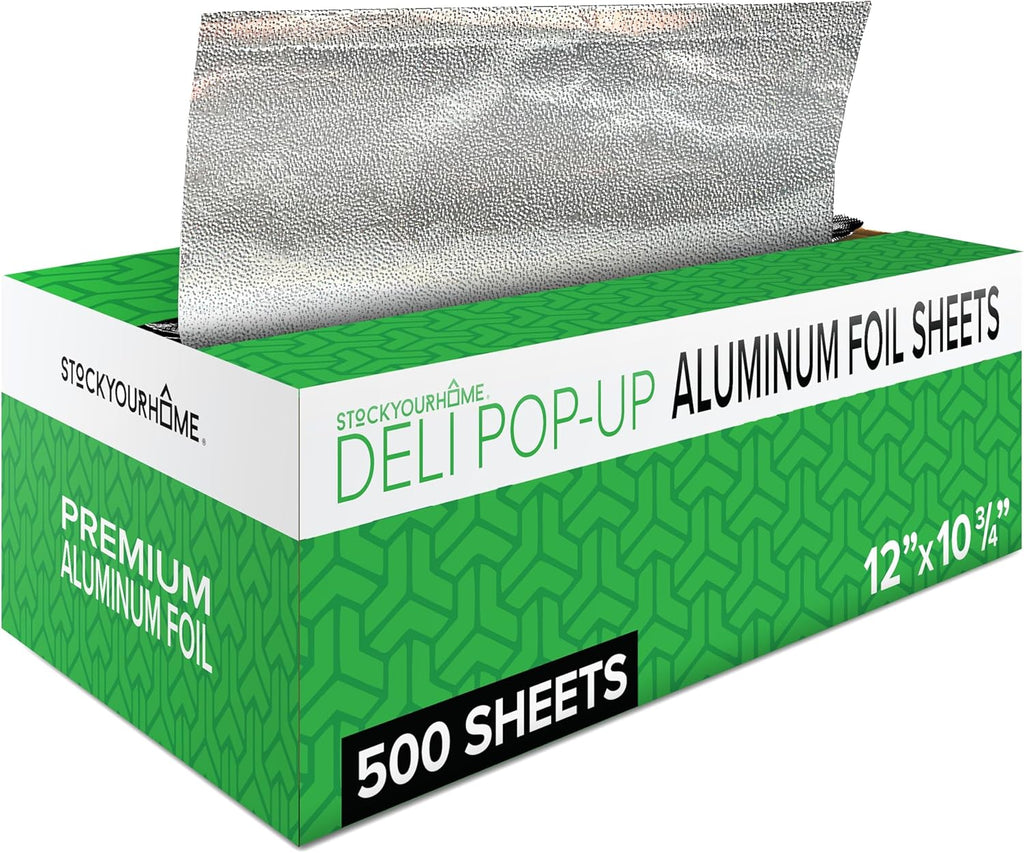 500 Count Pre-Cut Deli Aluminum Foil Sheets, 12” Heavy Duty Pop Up Sheets for Restaurant, Disposable Foil Sheets for Food, Tin Sheets for Burrito, Hot Dog or Sandwich, Stock Your Home