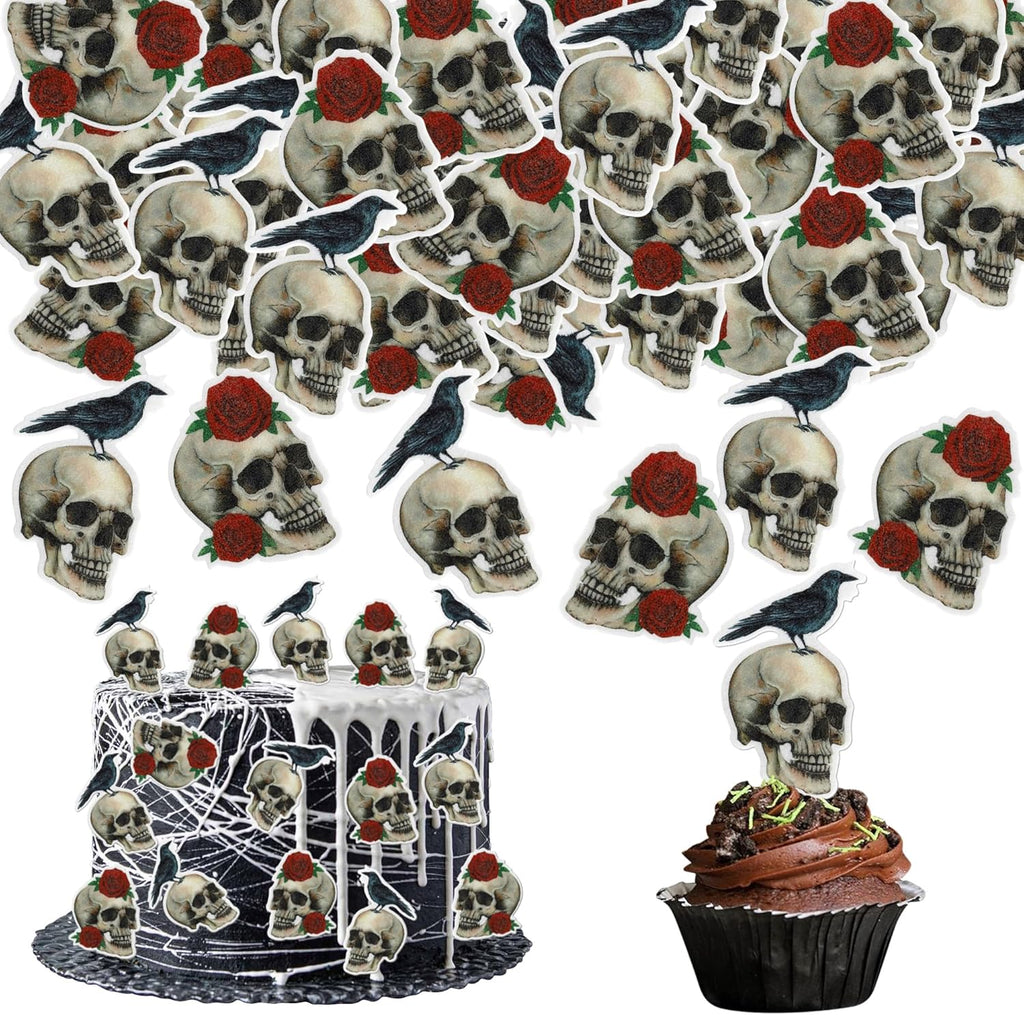 40 PCS Skull & Rose Halloween Cake Toppers - Edible Wafer Paper Decorations - Skeleton Crow & Skull Cupcake Picks