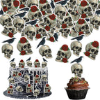 40 PCS Skull & Rose Halloween Cake Toppers - Edible Wafer Paper Decorations - Skeleton Crow & Skull Cupcake Picks