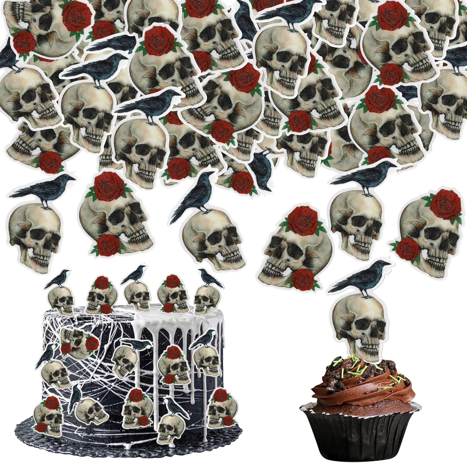 40 PCS Skull & Rose Halloween Cake Toppers - Edible Wafer Paper Decorations - Skeleton Crow & Skull Cupcake Picks