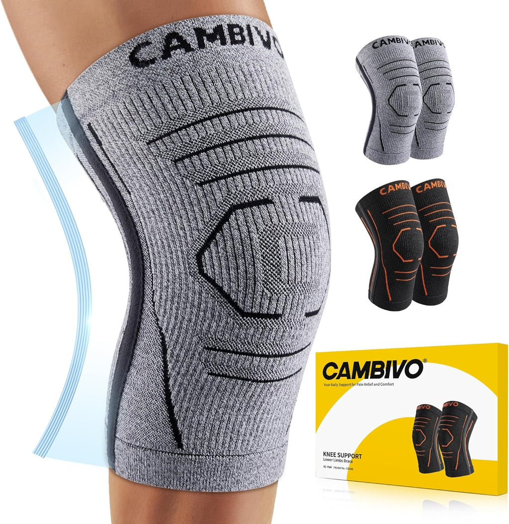 CAMBIVO Knee Brace for Women & Men, 2 Pack Lightweight Latex Free Knee Compression Sleeves with Side Stabilizers for Knee Pain Relief, Running, Walking, Workout & Daily Support (Gray, Large)