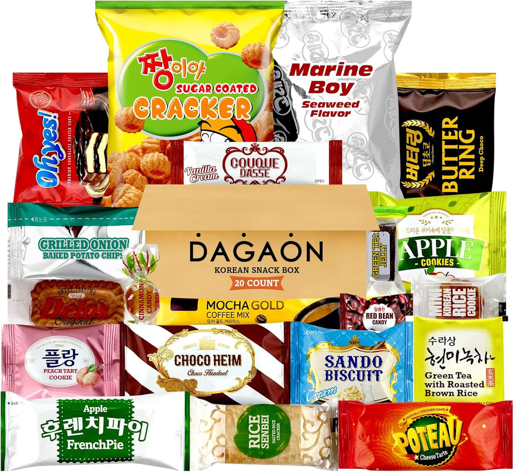 Dagaon Korean Snack Box - 20 Count - Variety of Korean Treats Including Cookies, Chip, Pies, Biscuits, Jelly, Candies. Assortment of Korean snacks to be enjoyed by all, for every occasion.
