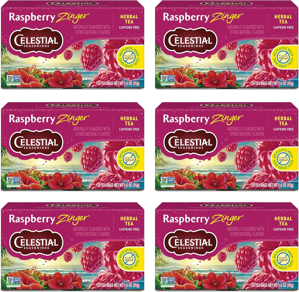 Celestial Seasonings Raspberry Zinger Herbal Tea, Caffeine Free, 20 Tea Bags Box, 6-Pack