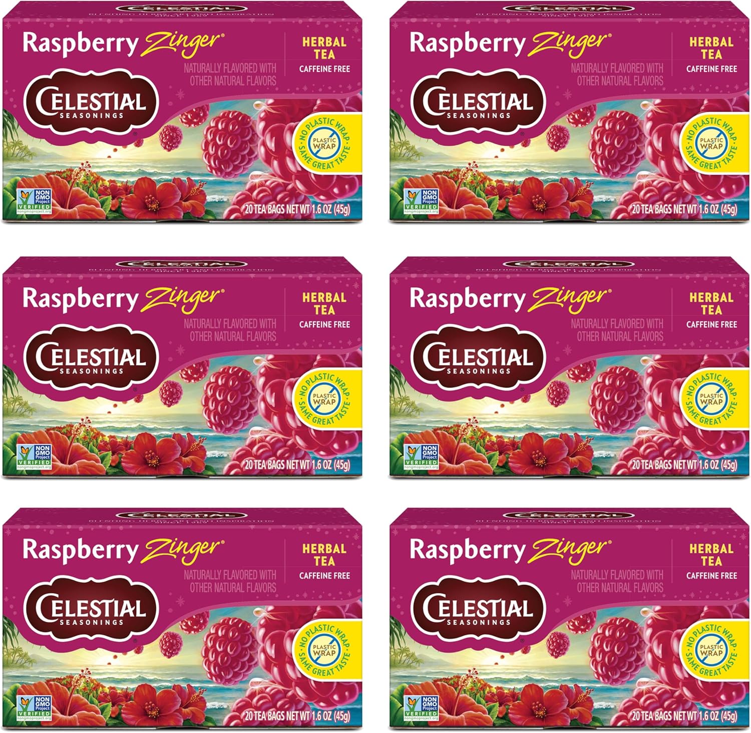 Celestial Seasonings Raspberry Zinger Herbal Tea, Caffeine Free, 20 Tea Bags Box, 6-Pack