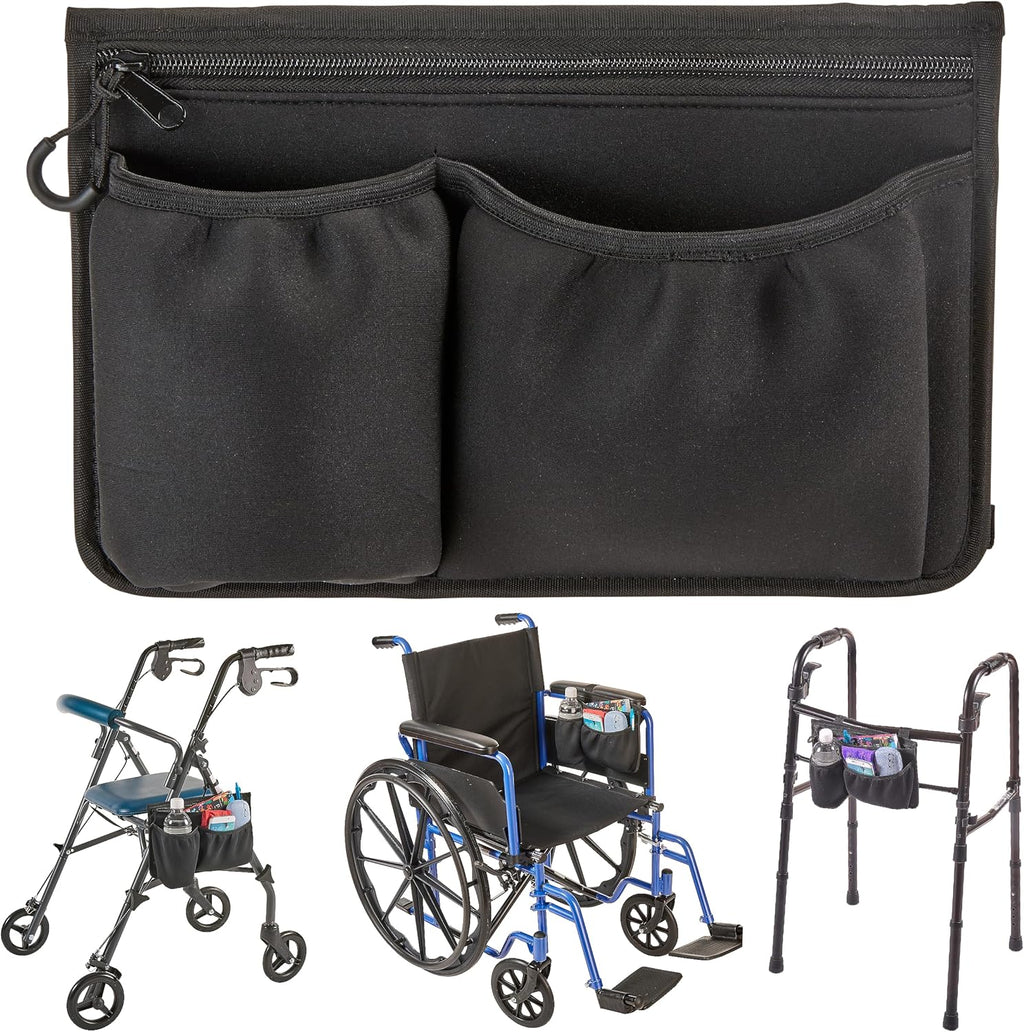 High Road Wheelchair Side Bag with Cup Holder Pocket - Stretch Neoprene Walker and Wheelchair Pouch with Insulating Wheelchair Bottle Holder and 2 Storage Pockets