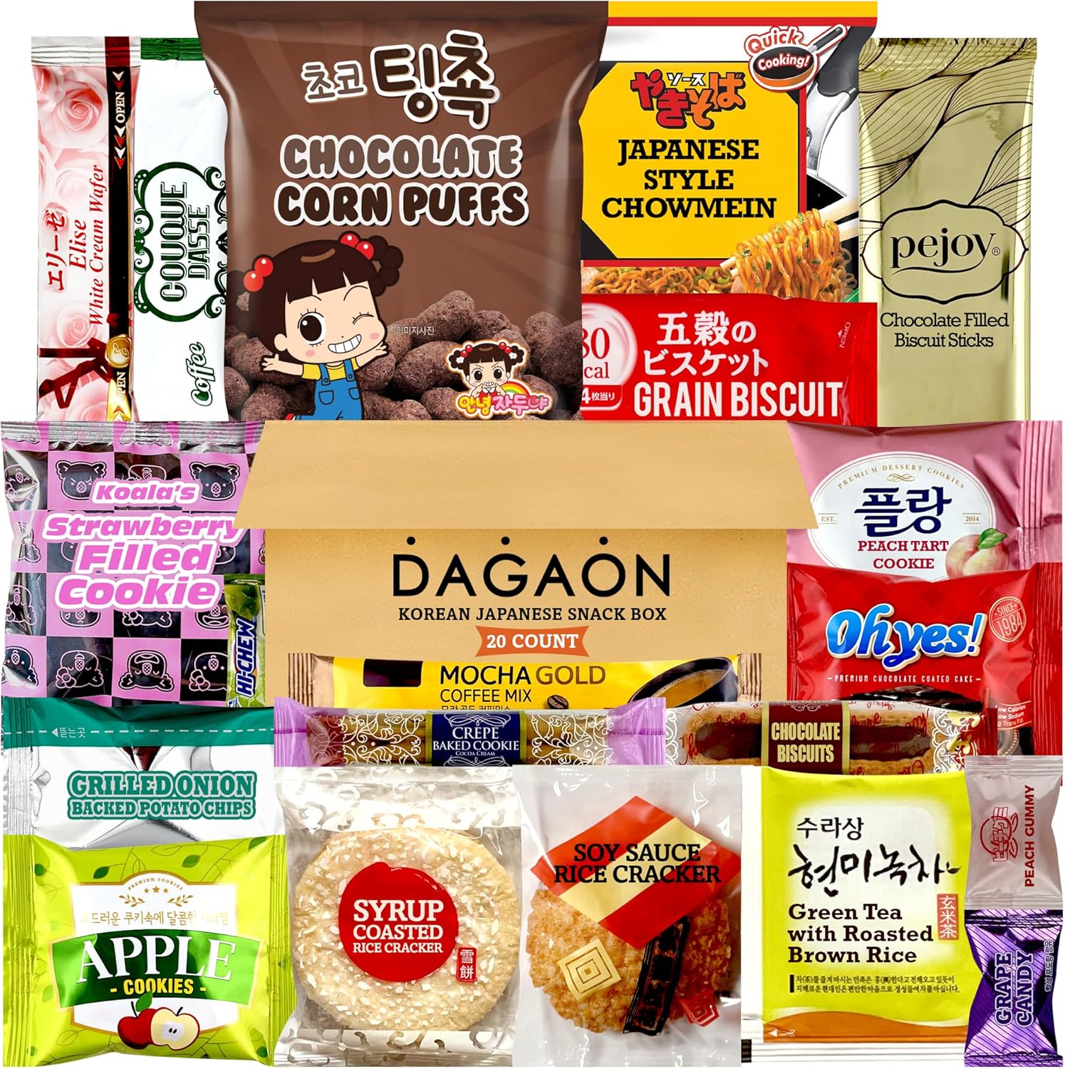 Dagaon Korean Japanese Snack Box - 20 Count. Assortment of Treats from Korea and Japan. Including Ramen, Biscuits, Cookies, Pies, Crackers, Chips, Candies. Dagashi Collection Set.