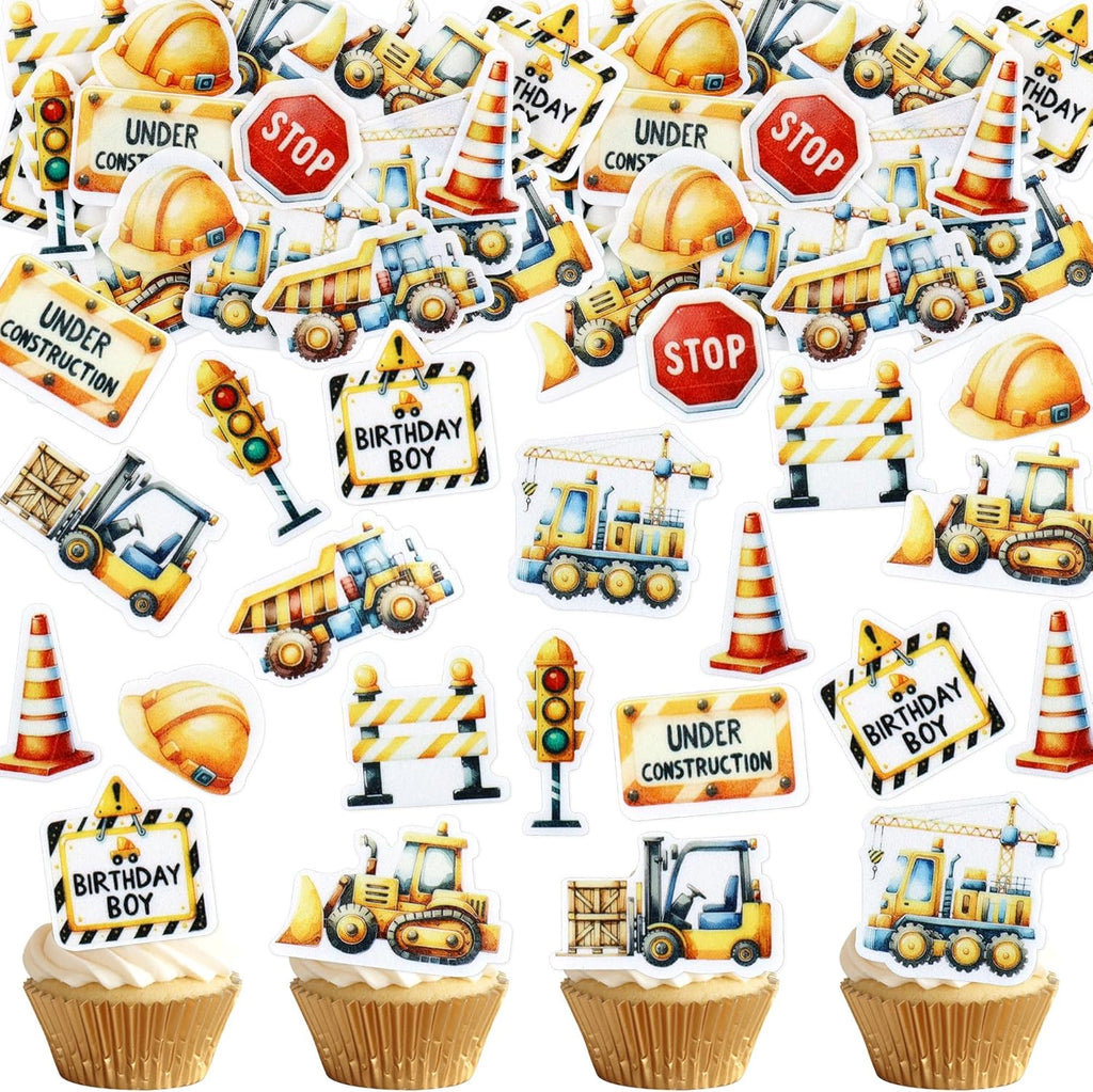 44PCS Edible Construction Cupcake Toppers Under Construction Stop Sign Traffic Light Dump Truck Excavator Tractor Cupcake Picks for Construction's Theme Baby Shower Boys Birthday Party Decors