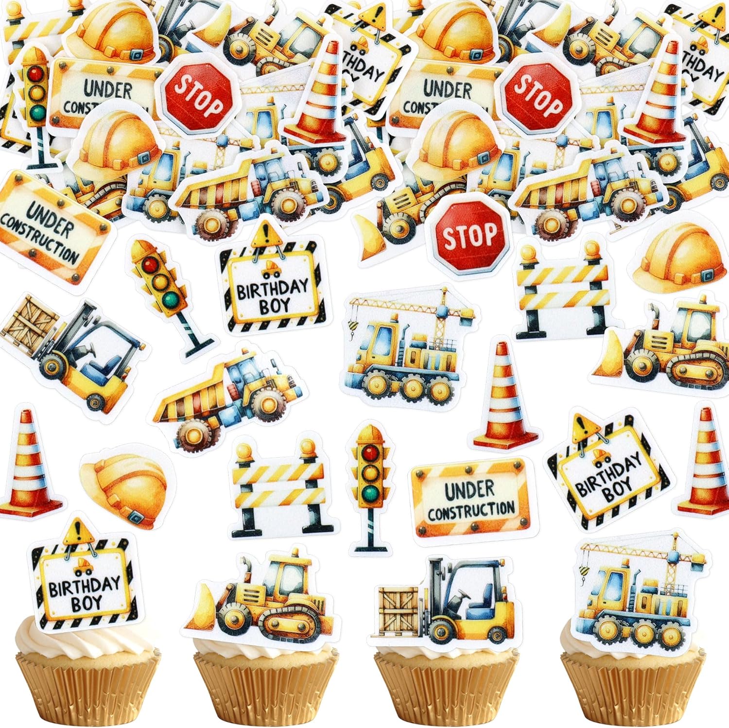44PCS Edible Construction Cupcake Toppers Under Construction Stop Sign Traffic Light Dump Truck Excavator Tractor Cupcake Picks for Construction's Theme Baby Shower Boys Birthday Party Decors