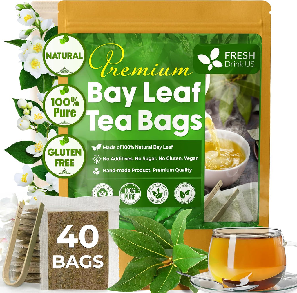 FRESHDRINKUS, Premium 40 Bay Leaf Tea Bags, 100% Natural & Pure from Bay Leaves. Loose Leaf Bay Herbal Tea. Made with Natural Material Tea Bags, No Sugar, No Caffeine, No Gluten, Vegan.